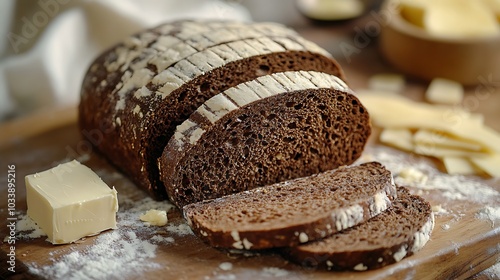 A close-up of freshly sliced pumpernickel bread, its dense, dark brown texture highlighted by soft natural light. The bread rests on a rustic wooden board, with butter and cheese nearby,