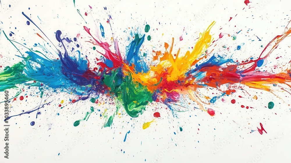 a burst of colorful paint splashes dynamically against a stark white background, symbolizing creativity and artistic expression in a vivid, energetic display a burst of colorful paint splashes dynamically against a stark white background, symbolizing creativity and artistic expression in a vivid, energetic display