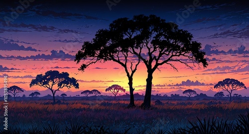 A vast savannah at dusk, with acacia trees silhouetted against a vibrant horizon