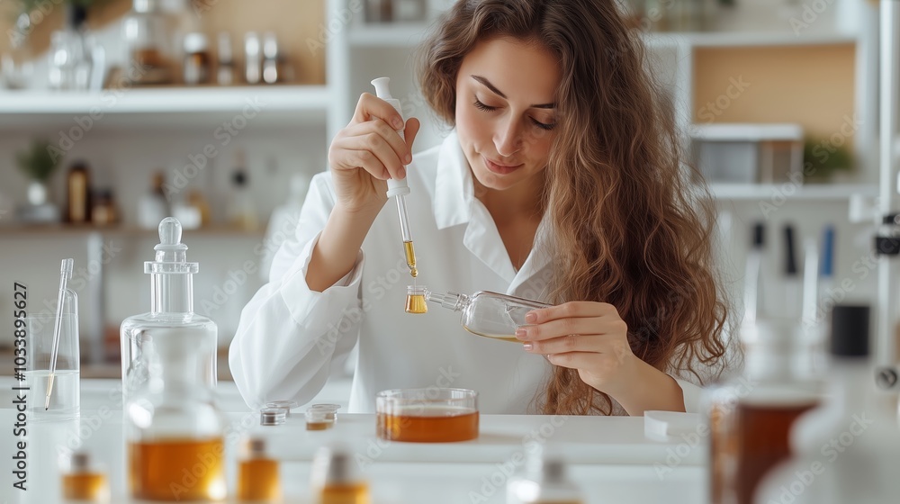 A scientist conducts experiments in a laboratory, carefully measuring liquid ingredients in glass containers during daylight hours A scientist conducts experiments in a laboratory, carefully measuring liquid ingredients in glass containers during daylight hours