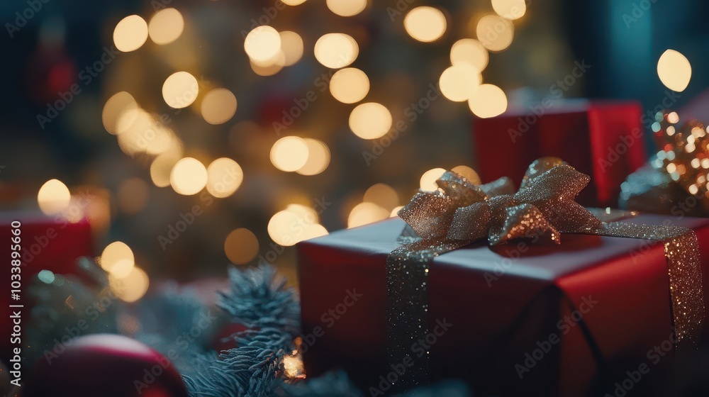 a charming scene with beautifully wrapped christmas gift boxes adorned with bokeh lights, creating a magical and festive holiday atmosphere, perfect for the season a charming scene with beautifully wrapped christmas gift boxes adorned with bokeh lights, creating a magical and festive holiday atmosphere, perfect for the season