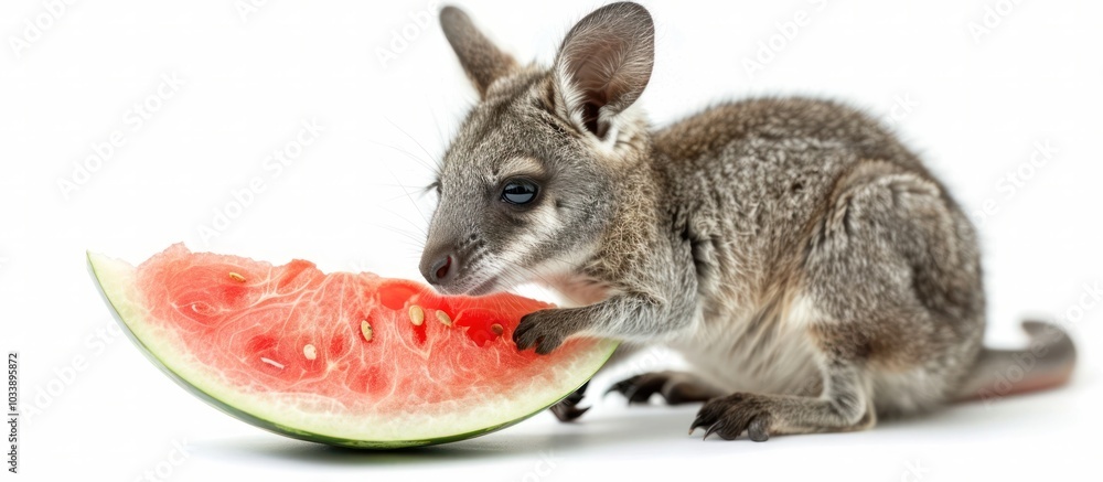 Obraz premium Closeup of an Adorable Gray Squirrel Happily Nibbling on a Freshly Cut Slice of Watermelon in a Natural Outdoor Setting Highlighting the Rodent s Curiosity and Delight in This Healthy Summer Snack