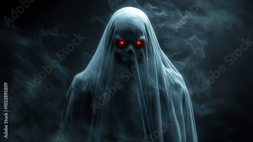 spooky halloween ghost, smoke ghost with blink eyes 