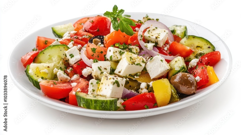 a delightful greek salad bursting with vibrant colors and fresh ingredients, artfully presented against a clean white background, celebrating healthy eating and culinary delight a delightful greek salad bursting with vibrant colors and fresh ingredients, artfully presented against a clean white background, celebrating healthy eating and culinary delight