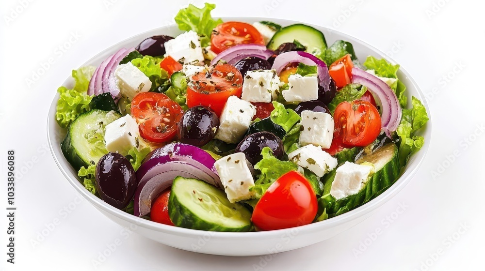 a delightful greek salad bursting with vibrant colors and fresh ingredients, artfully presented against a clean white background, celebrating healthy eating and culinary delight a delightful greek salad bursting with vibrant colors and fresh ingredients, artfully presented against a clean white background, celebrating healthy eating and culinary delight