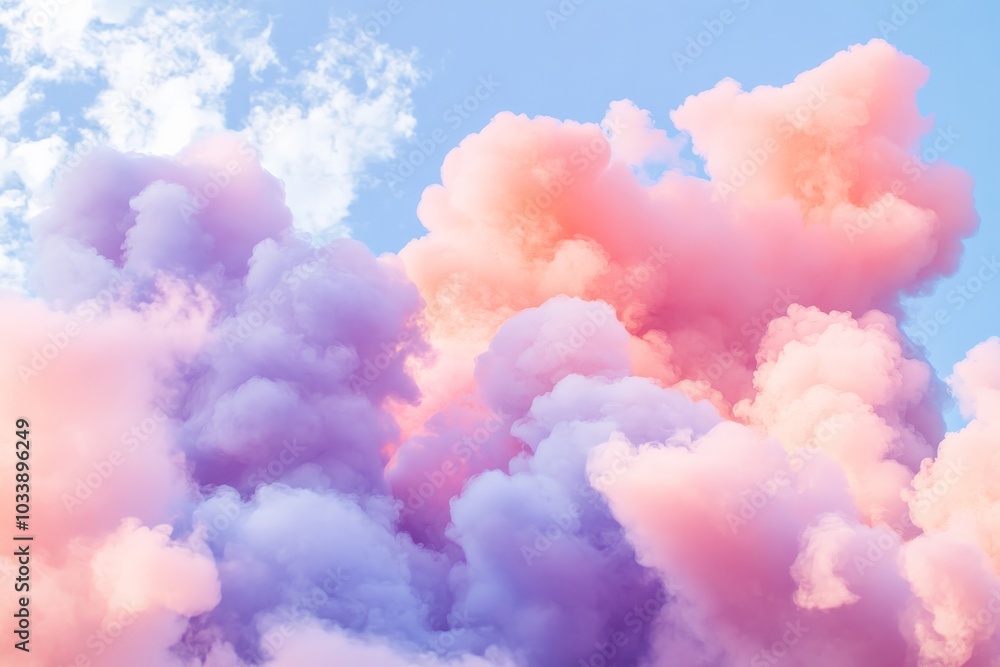 Dramatic billows of purple and pink clouds illuminate the clear blue sky, creating a stunning contrast that evokes power and inspiration in the atmospheric scene. Dramatic billows of purple and pink clouds illuminate the clear blue sky, creating a stunning contrast that evokes power and inspiration in the atmospheric scene.