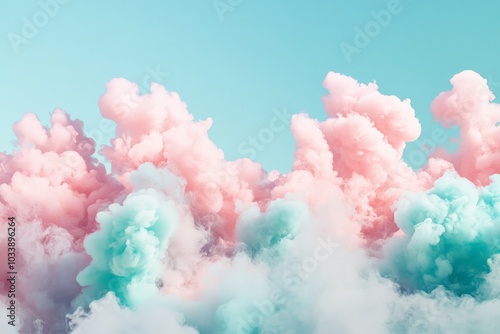 Vivid pink and teal clouds dance across the horizon against a turquoise sky, encapsulating vibrant energy and a sense of wonder in a surreal formation. photo