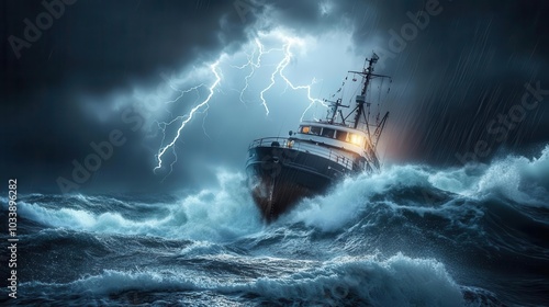 a dramatic maritime scene depicting a ship braving a furious storm, with jagged lightning illuminating the turbulent waves, capturing the essence of nature's fury