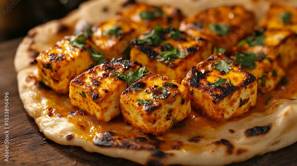 A close-up shot of freshly grilled paneer tikka served on warm naan bread, with charred edges, vibrant spices, and fresh herbs sprinkled on top. A close-up shot of freshly grilled paneer tikka served on warm naan bread, with charred edges, vibrant spices, and fresh herbs sprinkled on top.