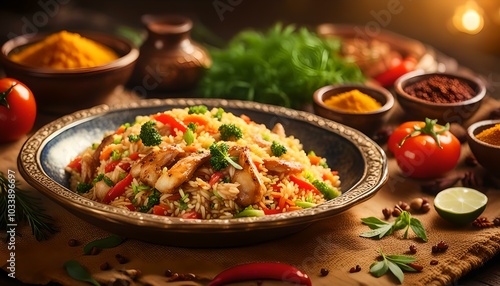 Vegetable Chicken or Mixed Fried Rice served in dish isolated on table side view of middle east food 