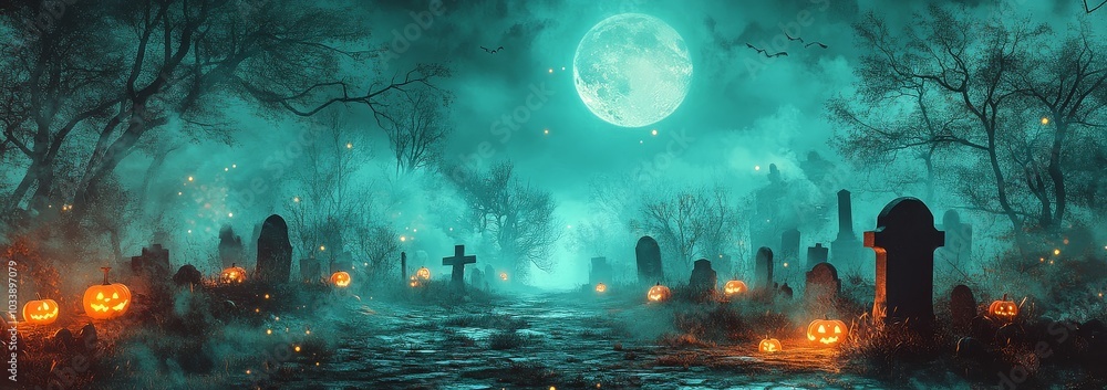Obraz premium Halloween Background Featuring a Scary Graveyard with Teal Color and Moonlight, Pumpkin Lanterns in a Spooky Forest.