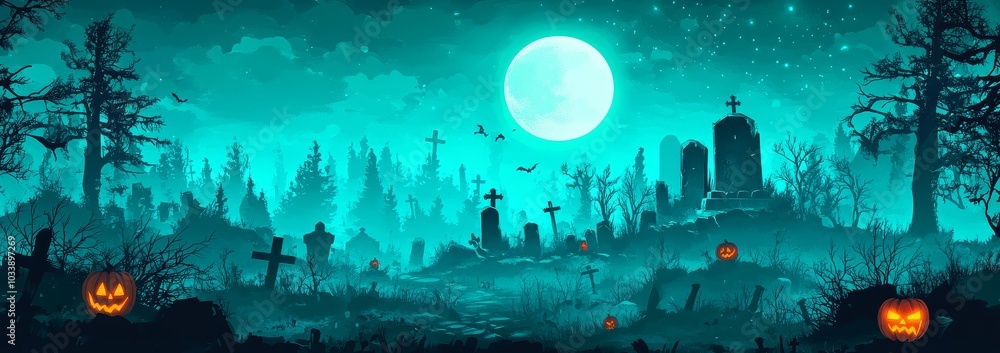 Obraz premium Halloween Background Featuring a Scary Graveyard with Teal Color and Moonlight, Pumpkin Lanterns in a Spooky Forest.