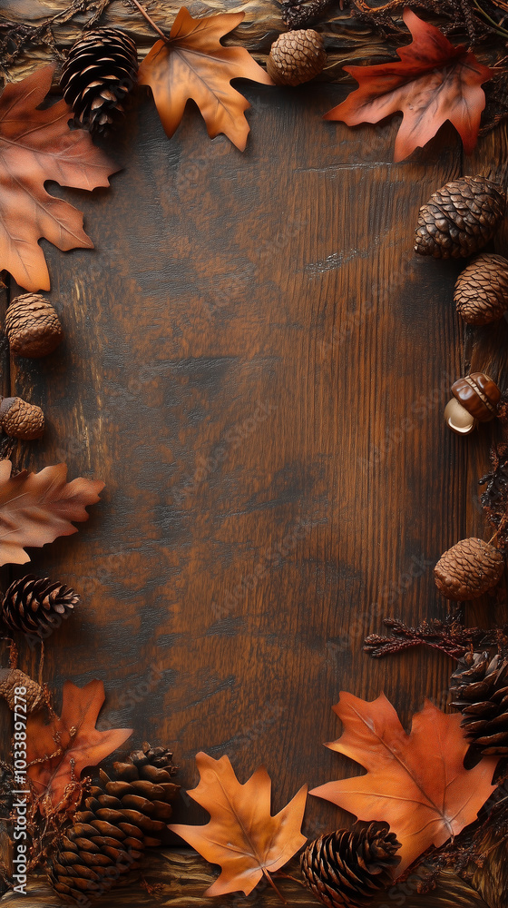 Fall themed background with leaves, pine cones, and acorns with copy space made of wood Fall themed background with leaves, pine cones, and acorns with copy space made of wood