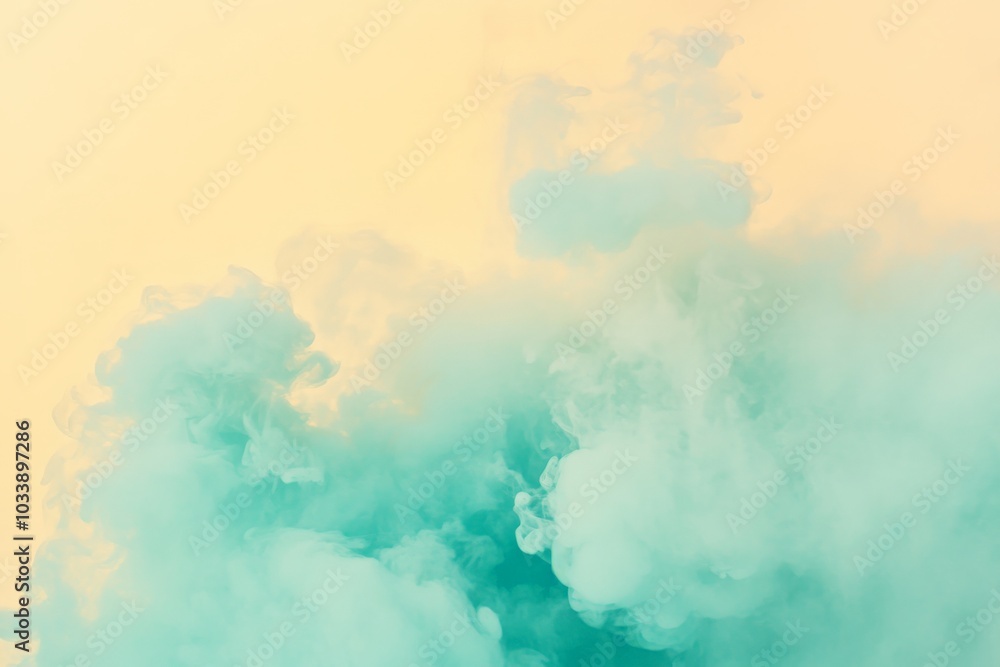Obraz premium This image showcases a subtle blend of blue mists gently layered on a soft yellow backdrop, conjuring feelings of tranquility and meditation for the observer.
