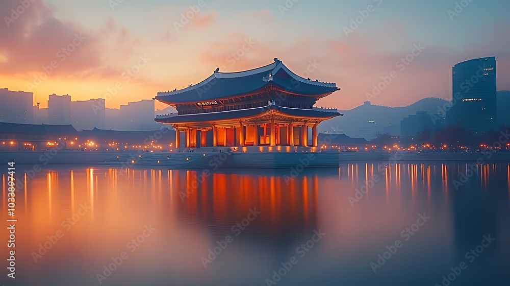 A traditional Korean pavilion stands on an island in a lake, illuminated by the warm glow of dawn, with a modern city skyline in the background. A traditional Korean pavilion stands on an island in a lake, illuminated by the warm glow of dawn, with a modern city skyline in the background.