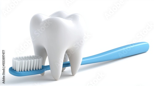 Tooth and blue toothbrush on white background  photo