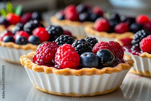 A close-up of tart desserts filled with assorted fresh berries and a glossy glaze.