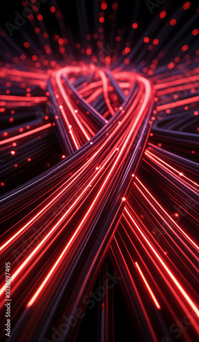 Red glowing data cables transferring information background