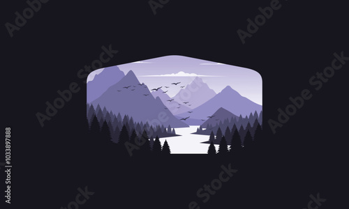 Landscape badge flat vector design illustration of mountains, calm river and silhouettes of pine trees, soft purple gradations layered
