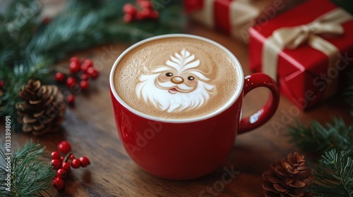 latte coffee art. Santa drawing on coffee crema. A cup of cappuccino with Christmas patterns, ai generated