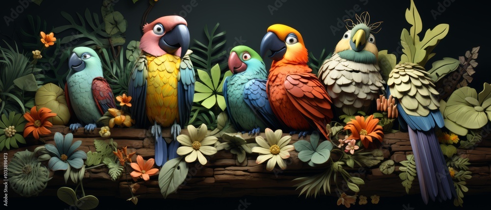 Colorful Cartoon Birds in Vibrant Nature Scene Colorful Cartoon Birds in Vibrant Nature Scene