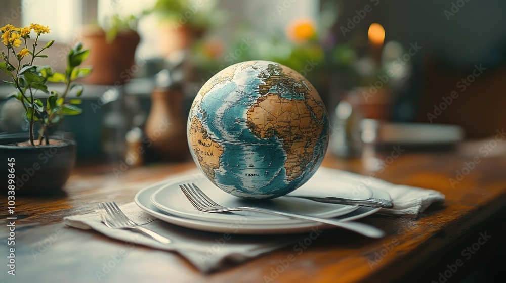 A globe on a dining table symbolizes global awareness and connection. A globe on a dining table symbolizes global awareness and connection.
