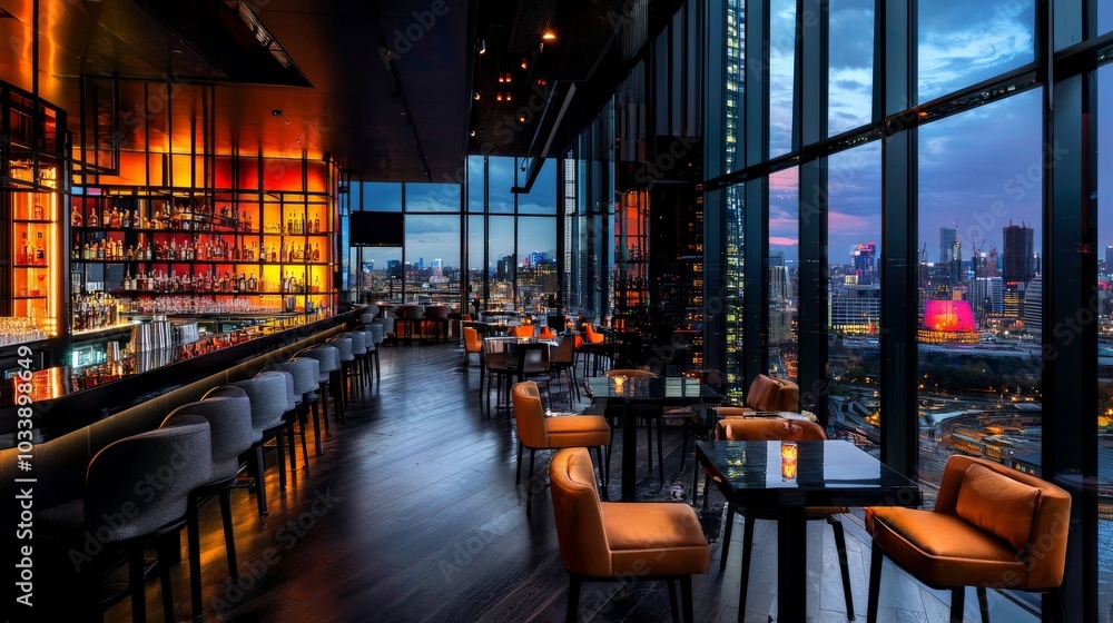 An elegant, modern cocktail bar with glass walls, filled with sleek furniture and neon accents, overlooking the city lights as mixologists craft artistic drinks An elegant, modern cocktail bar with glass walls, filled with sleek furniture and neon accents, overlooking the city lights as mixologists craft artistic drinks