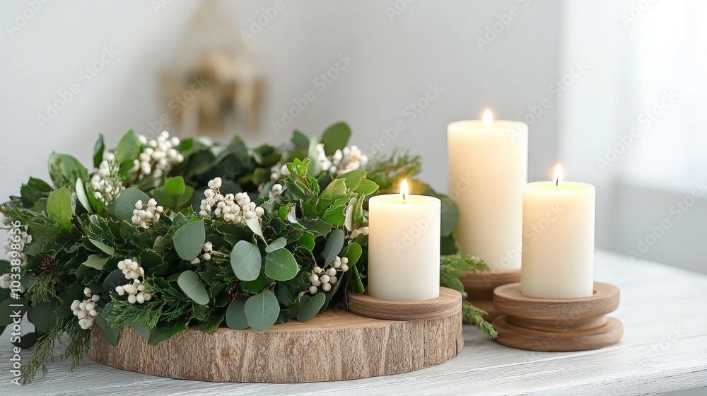 An inviting scene with a lush wreath and three candle holders holding white candles. An inviting scene with a lush wreath and three candle holders holding white candles.