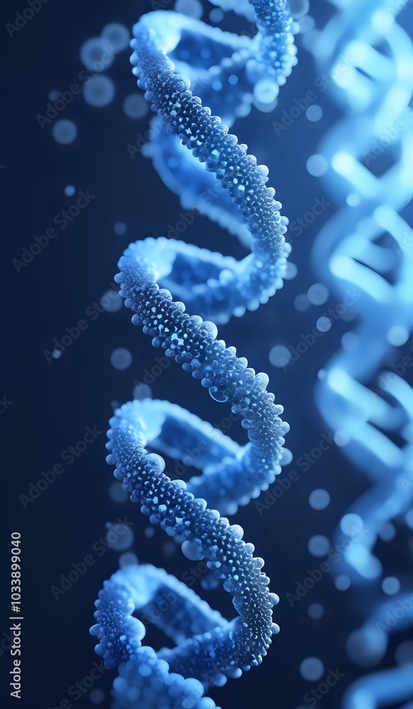 Holographic rendering of a DNA chromosomes representing digital, high-tech advances in medicine and human health in blue tones. Holographic rendering of a DNA chromosomes representing digital, high-tech advances in medicine and human health in blue tones.