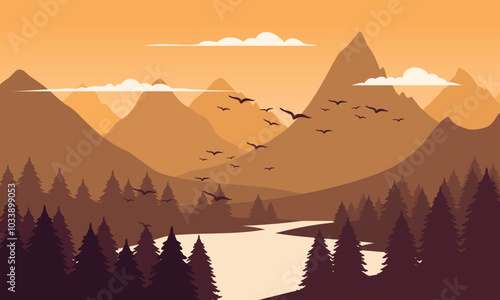 Vector orange mountain landscape with clean sky, calm river, birds flying and pine trees silhouettes