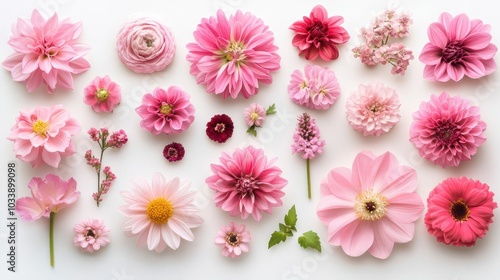 a stunning array of various pink flowers with delicate petals and intricate details, elegantly arranged against a pristine white background, symbolizing beauty and grace