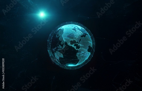 A glowing blue Earth in the center of the image surrounded by a dark blue background with glowing light and particles.