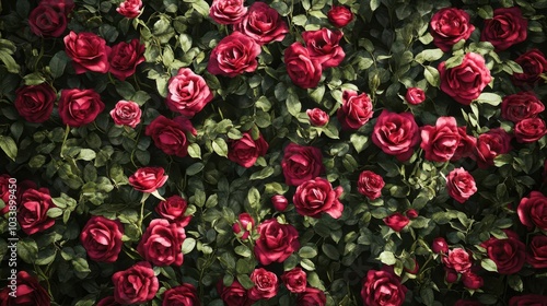 a stunning wallpaper design featuring a pattern of natural fresh red roses, viewed from above. the floral arrangement creates a romantic and elegant backdrop, perfect for any serene setting