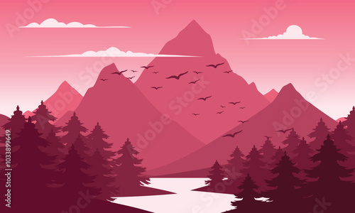 Vector red mountain landscape with clean sky, calm river, birds flying and pine trees silhouettes