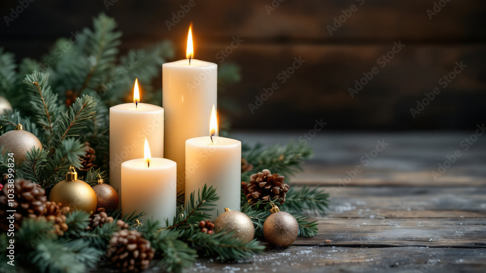 Christmas candles, candles decorated with isolated rustic stone background, space for text Christmas candles, candles decorated with isolated rustic stone background, space for text