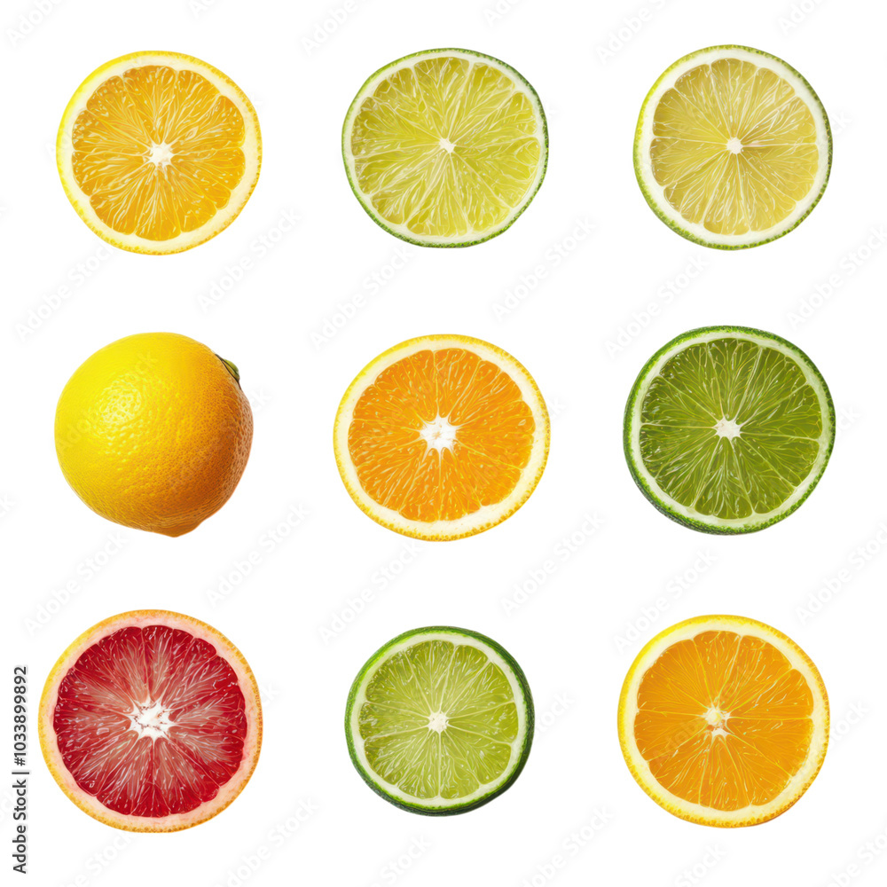 Obraz premium Vibrant Set of Citrus Fruits: Oranges, Lemons, and Limes - Fresh and Zesty Delight for Your Designs