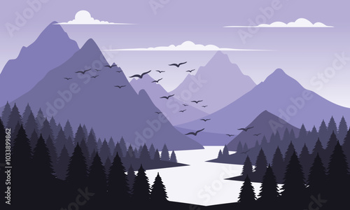 Vector purple mountain landscape with clean sky, calm river, birds flying and pine trees silhouettes