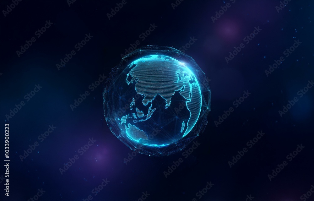 A glowing, digital rendering of the Earth, illuminated with blue and white lights, against a dark blue background. A glowing, digital rendering of the Earth, illuminated with blue and white lights, against a dark blue background.