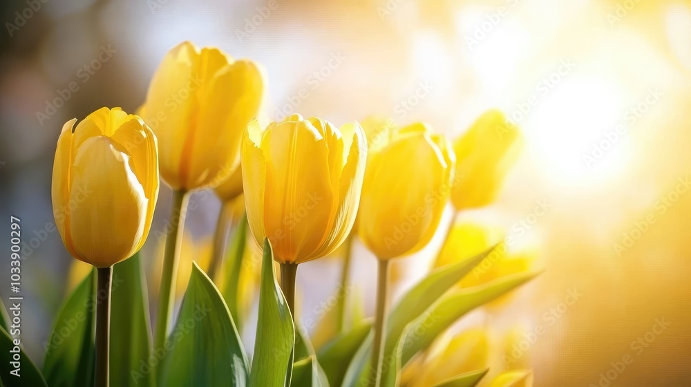 Obraz premium A vibrant display of yellow tulips, symbolizing cheerfulness and hope, perfect for get-well or uplifting moments