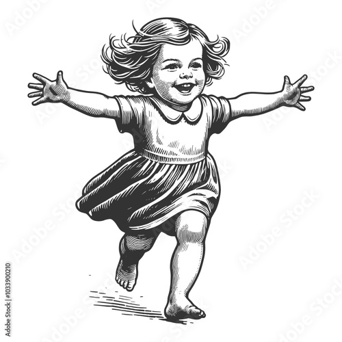 joyful little girl running with open arms, smiling and carefree, capturing the essence of childhood happiness and innocence sketch engraving generative ai vector illustration. Black and white image.