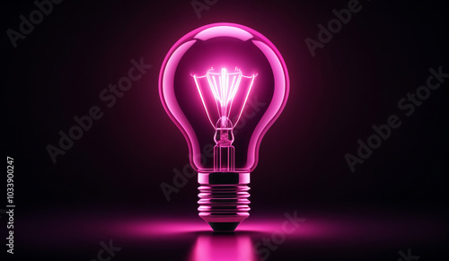 Pink holographic glowing lightbulb with copy space.