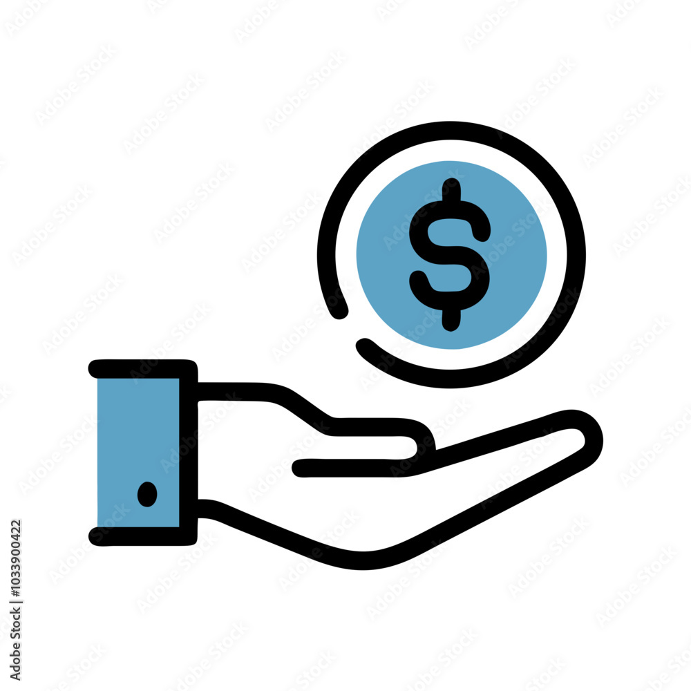 Hand Holding Dollar Coin Icon in Black and Blue for Financial Concepts Hand Holding Dollar Coin Icon in Black and Blue for Financial Concepts