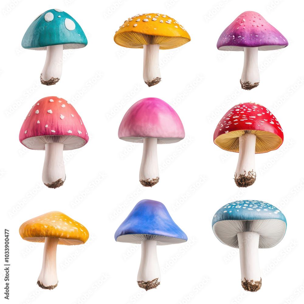Vibrant collection of glowing fantasy mushrooms in a magical, colorful forest setting. Vibrant collection of glowing fantasy mushrooms in a magical, colorful forest setting.