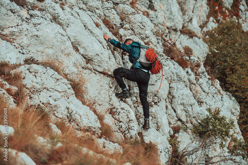 A male climber climbing up on the mountain rock adventure sport outdoor.