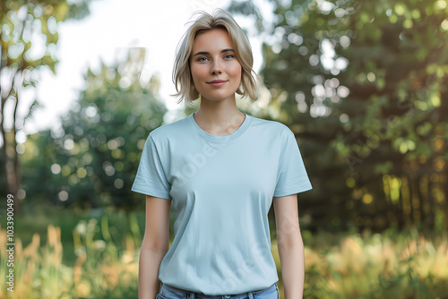 A young Caucasian woman stands confidently in a sunlit forest, exuding a sense of tranquility and connection with nature.