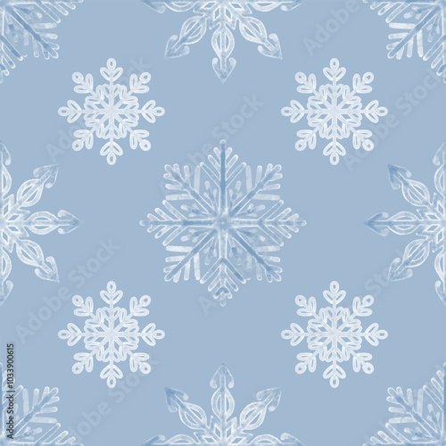 Hand drawn watercolour snowflakes, vector, blue background. Seamless floral pattern-450.