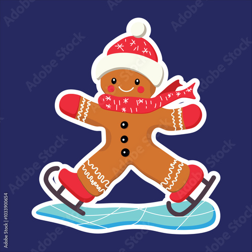 A gingerbread man skating on ice in a vector style. The character is cheerful, with simple shapes and soft curves. Include winter-themed elements like snowflakes, with a clean, festive palette