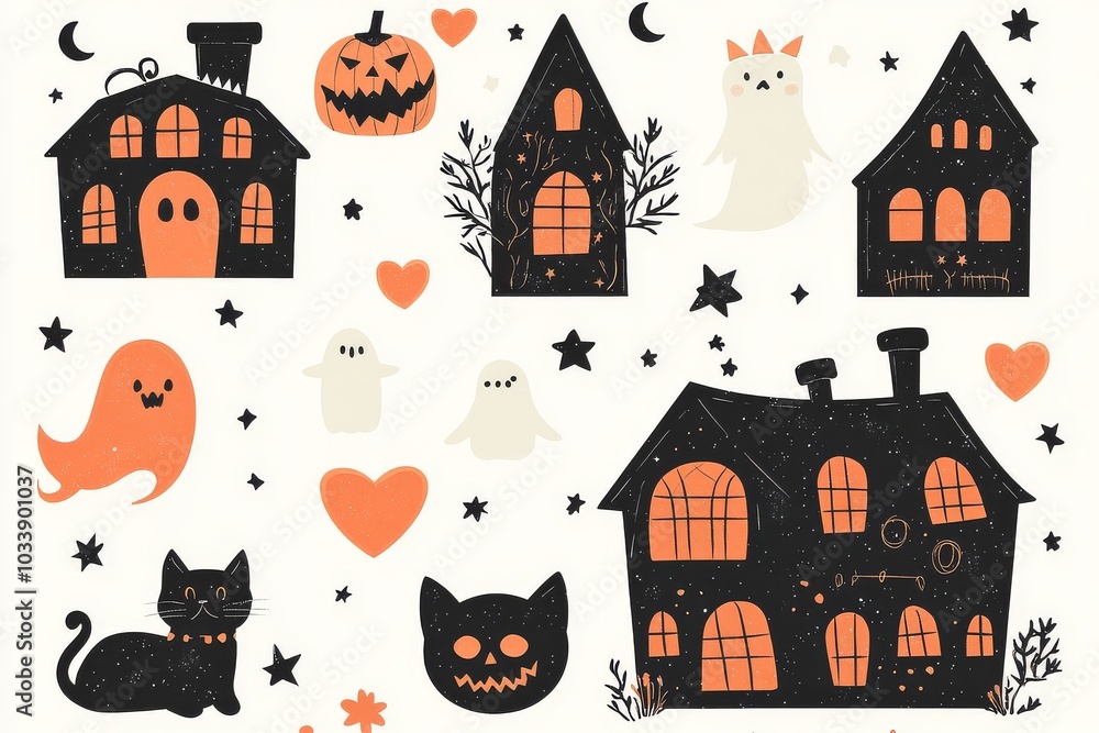 Cute Halloween Icons in Beige and Black with Orange Accents, Featuring Spooky Houses, Pumpkins, Cats, and Ghosts. Cute Halloween Icons in Beige and Black with Orange Accents, Featuring Spooky Houses, Pumpkins, Cats, and Ghosts.