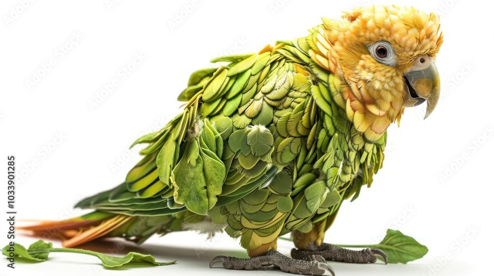 Obraz premium Vibrant and colorful green and yellow parrot perching on a lush green branch in a tropical jungle or forest setting The exotic bird has a distinctive beak and bright plumage
