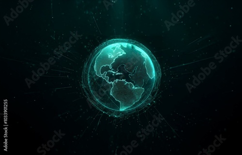 A teal glowing orb depicting the Earth with a wireframe structure surrounded by swirling particles against a black background.